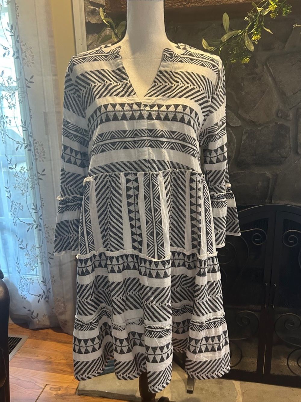 Mud Pie Black and White Geometric Tiered Long-Sleeve Dress